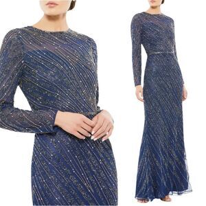 $598 Mac Duggal 5240 Size 8 Dark Blue Long Sleeve Column Gown‎ Maxi Dress Navy